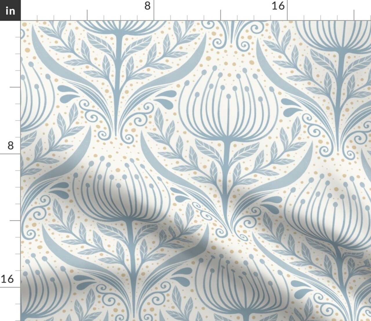 Floral Blue Damask Scandi Folk Flower Botanical Vine Calm Serene Vintage Art Custom Printed Fabric by Spoonflower Various Fabrics by the Yard or Fat Quarter